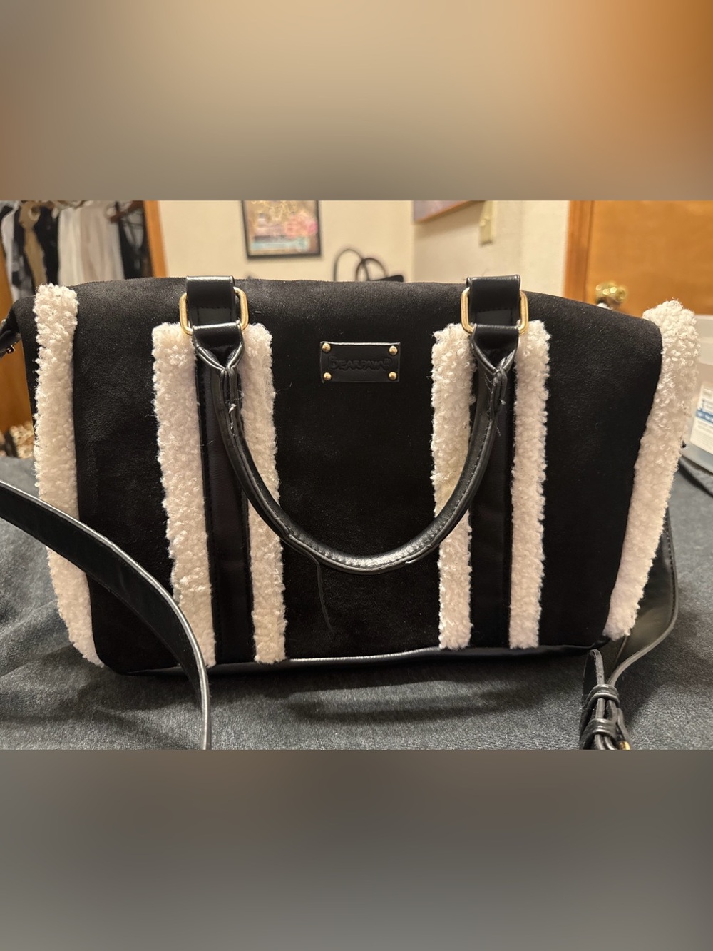 Bearpaw faux suede Black and Cream Women's Tote Bag with Shearling Trim
